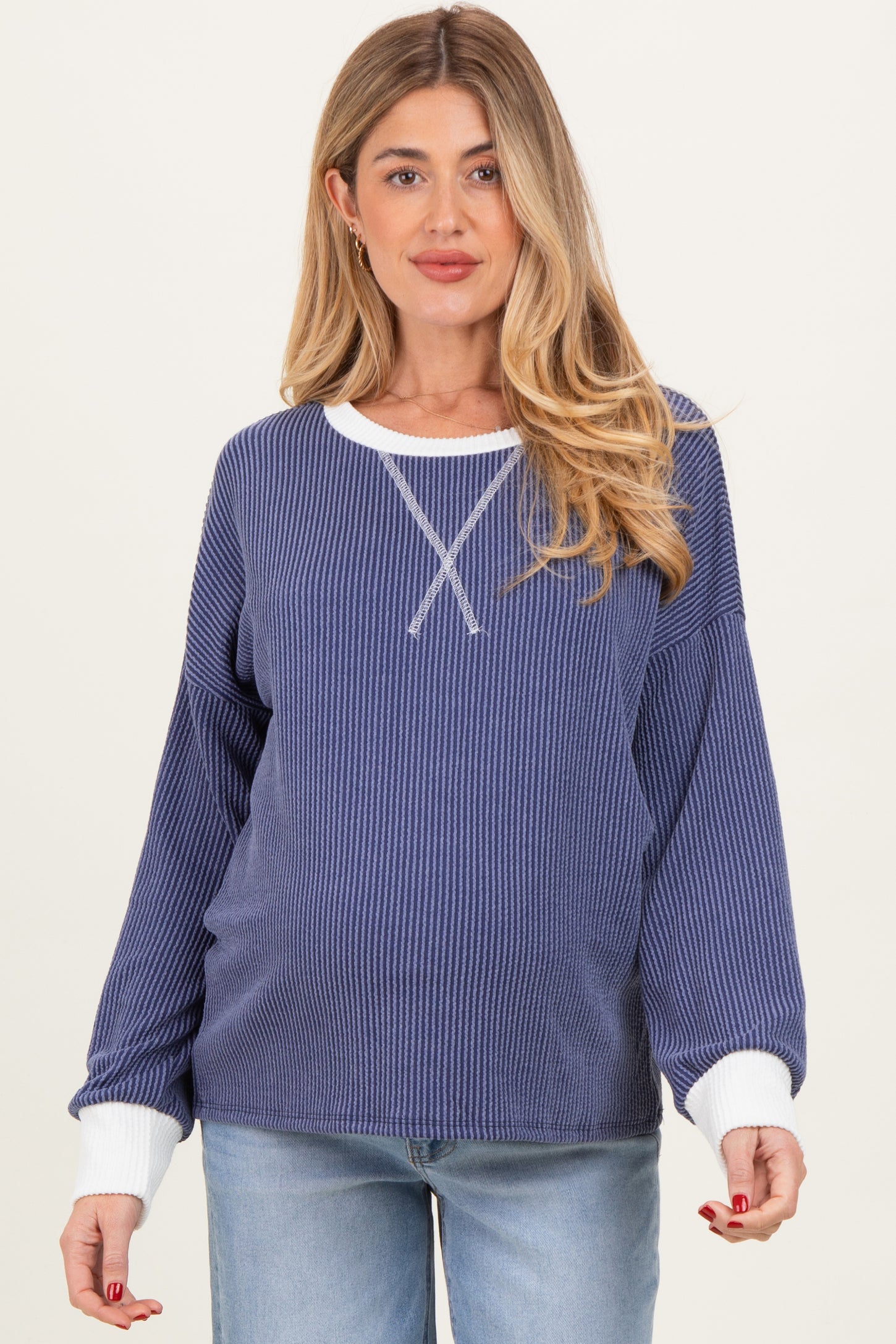 Navy Textured Rib Relaxed Fit Maternity Pullover Top