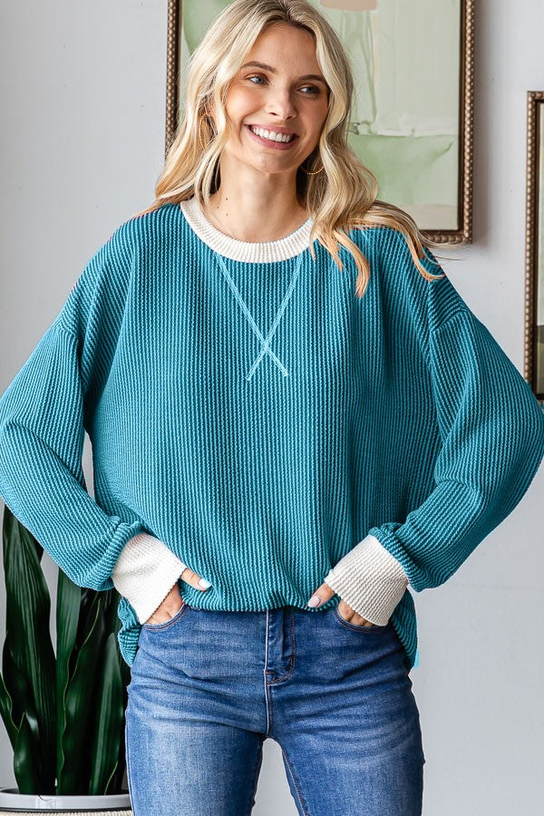 Teal Textured Rib Relaxed Fit Pullover Top