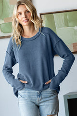 Light Navy Textured Rib Thumb Hole Long Sleeve Top