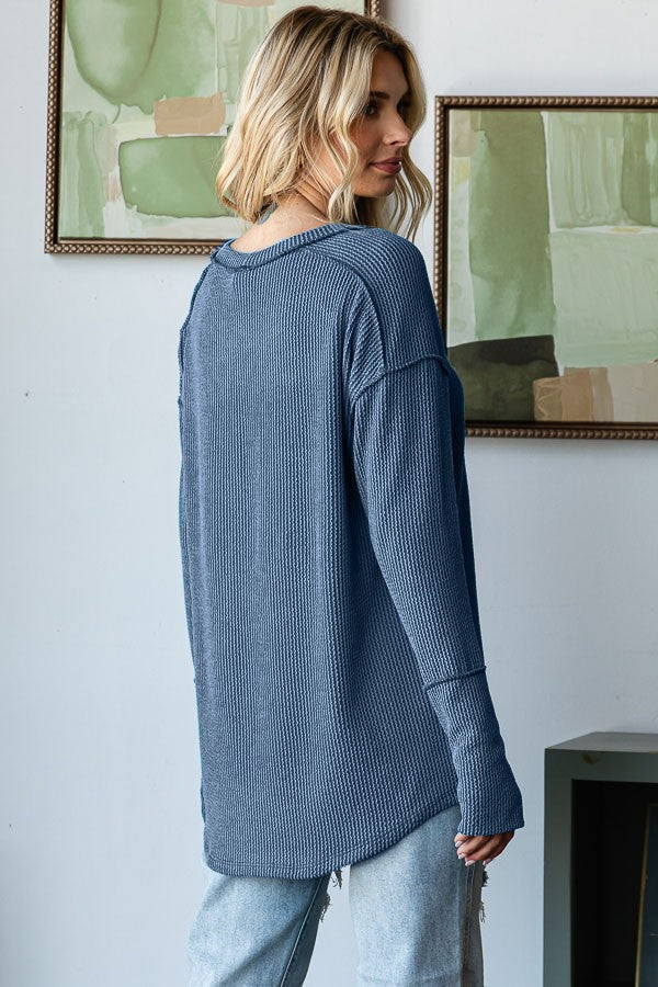 Light Navy Textured Rib Thumb Hole Long Sleeve Top
