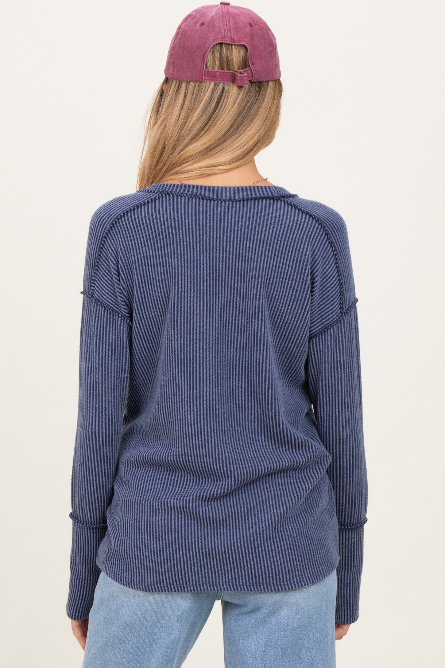 Light Navy Textured Rib Thumb Hole Maternity Long Sleeve Top