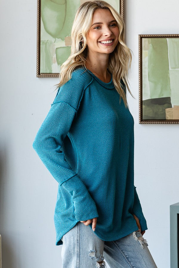 Teal Textured Rib Thumb Hole Long Sleeve Top