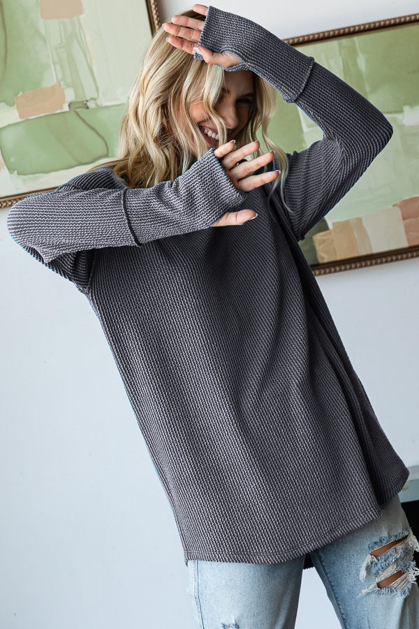 Charcoal Textured Rib Thumb Hole Long Sleeve Top