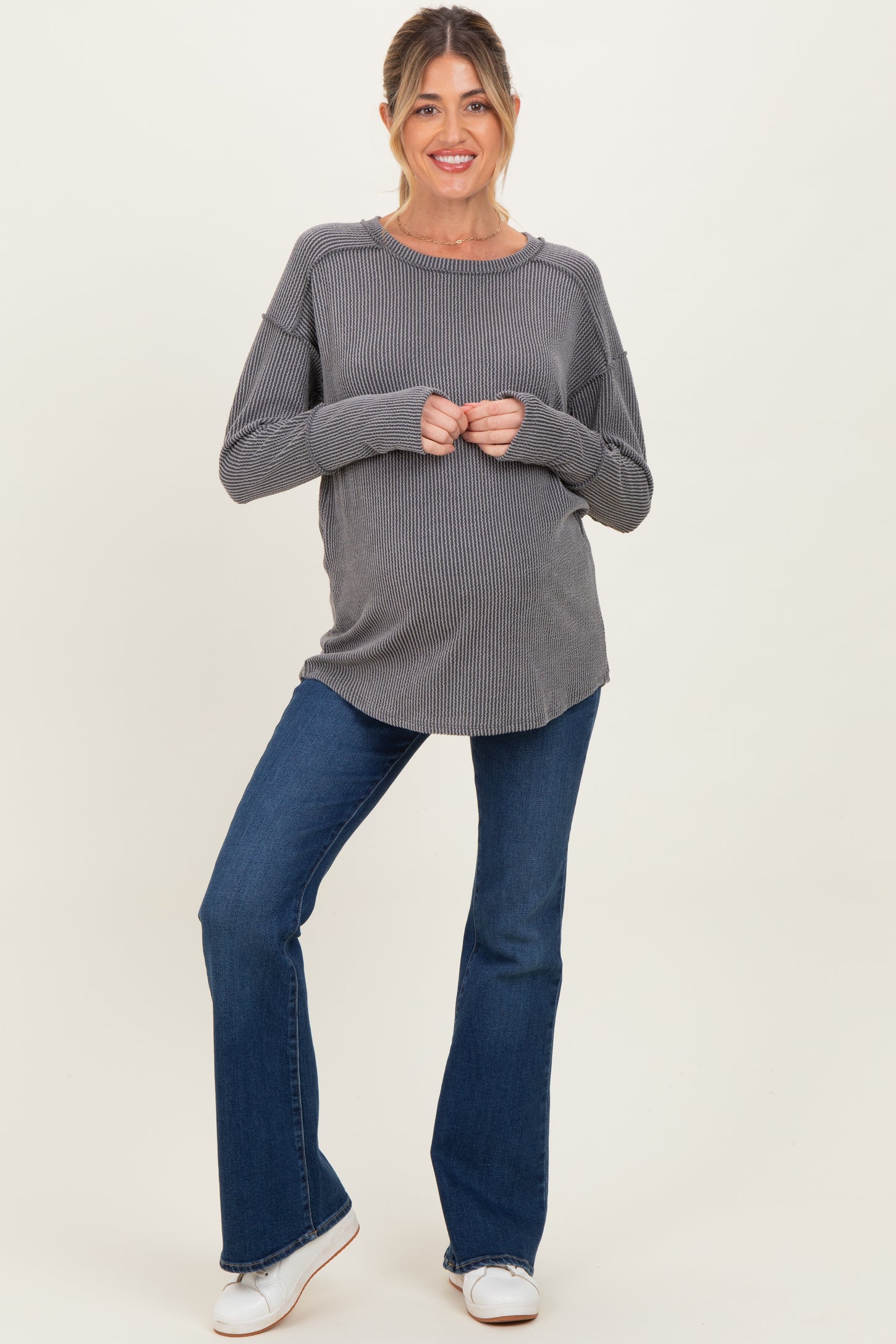 Charcoal Textured Rib Thumb Hole Maternity Long Sleeve Top