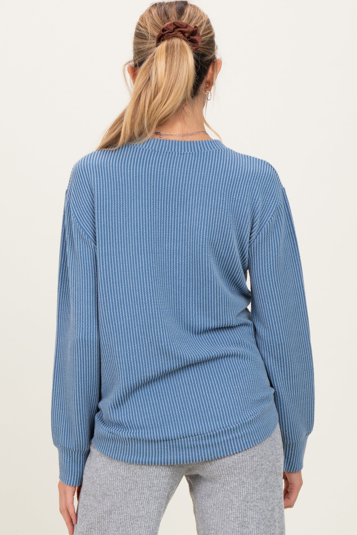 Dusty Blue Textured Rib Crew Neck Maternity Long Sleeve