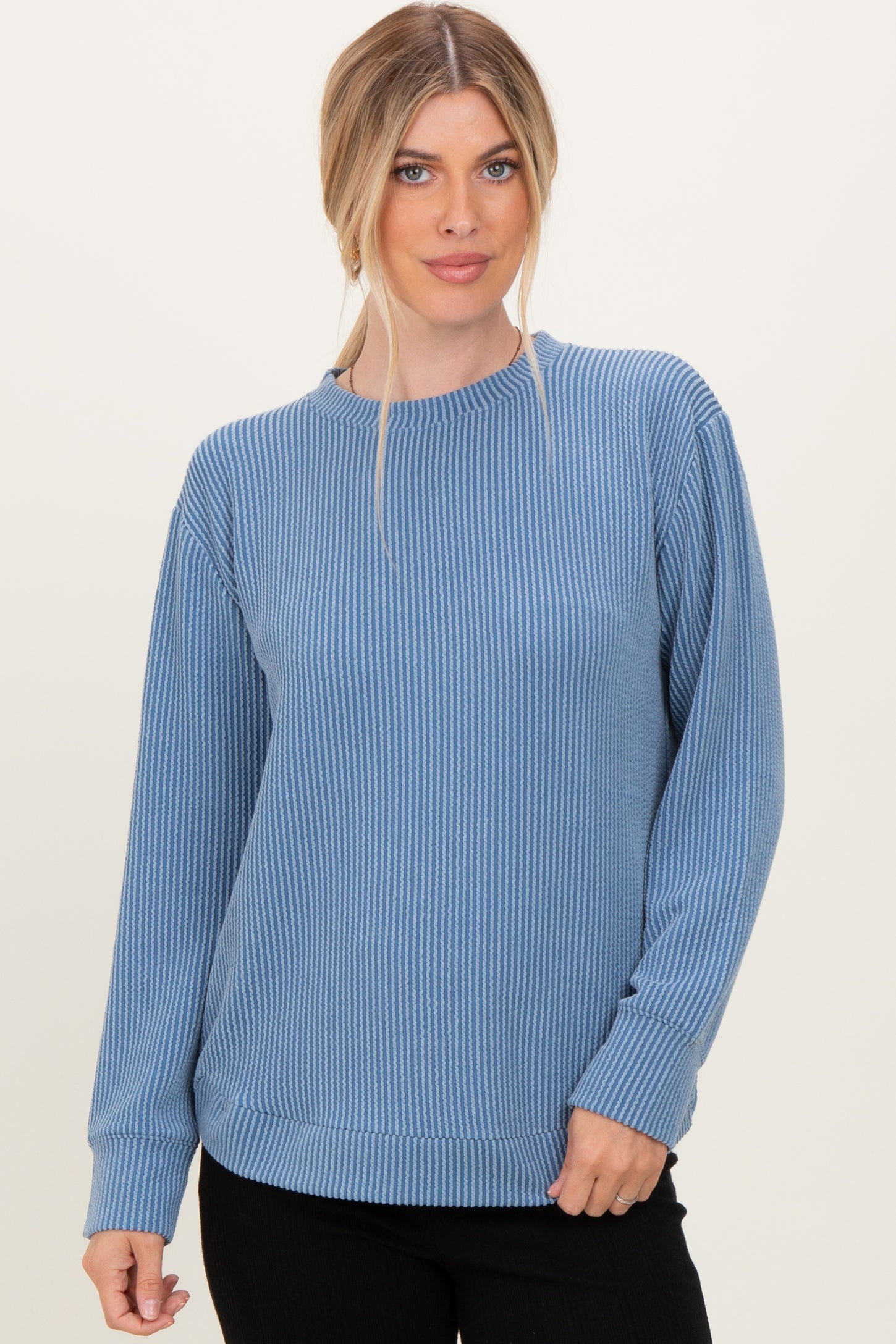 Dusty Blue Textured Rib Crew Neck Long Sleeve