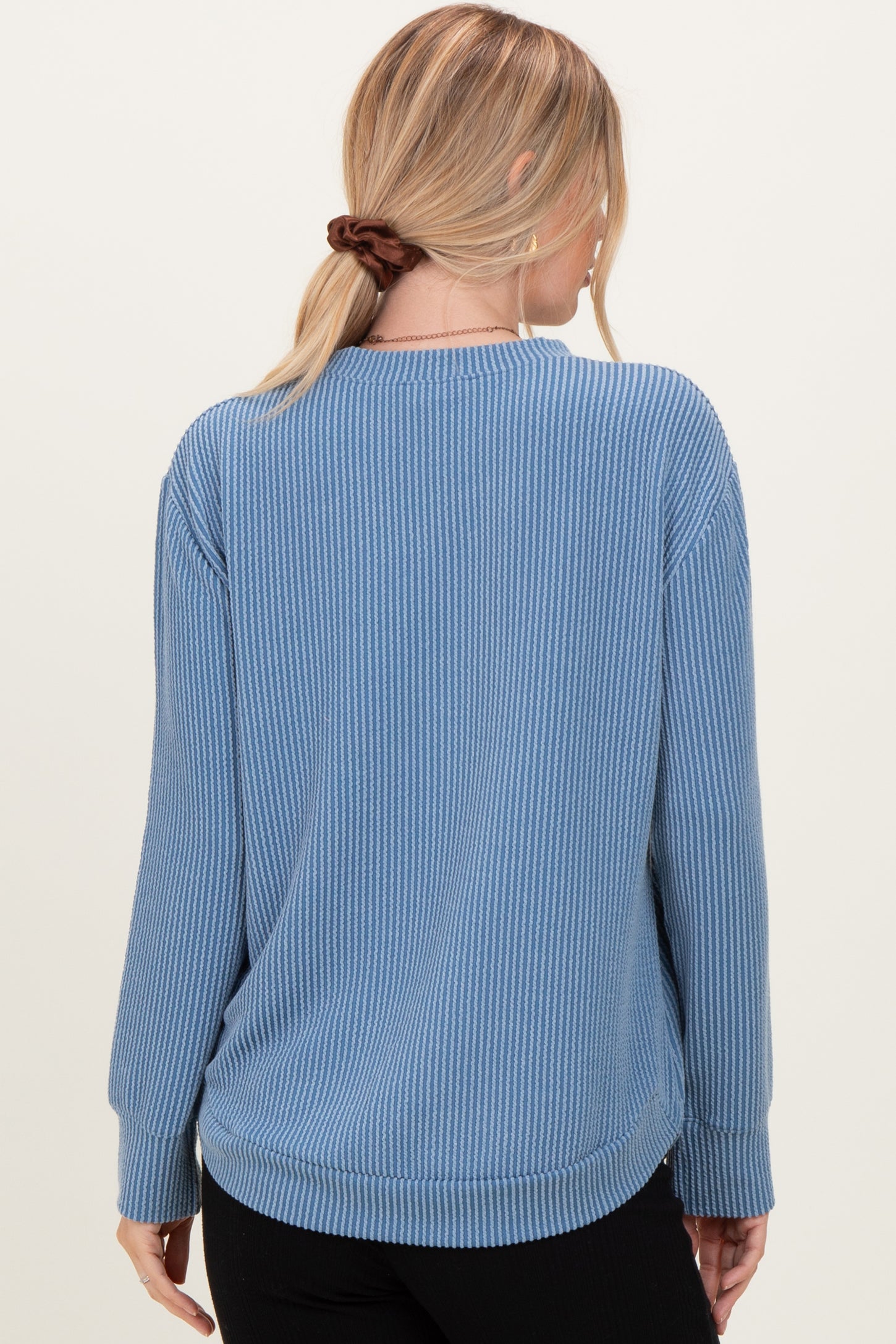 Dusty Blue Textured Rib Crew Neck Long Sleeve
