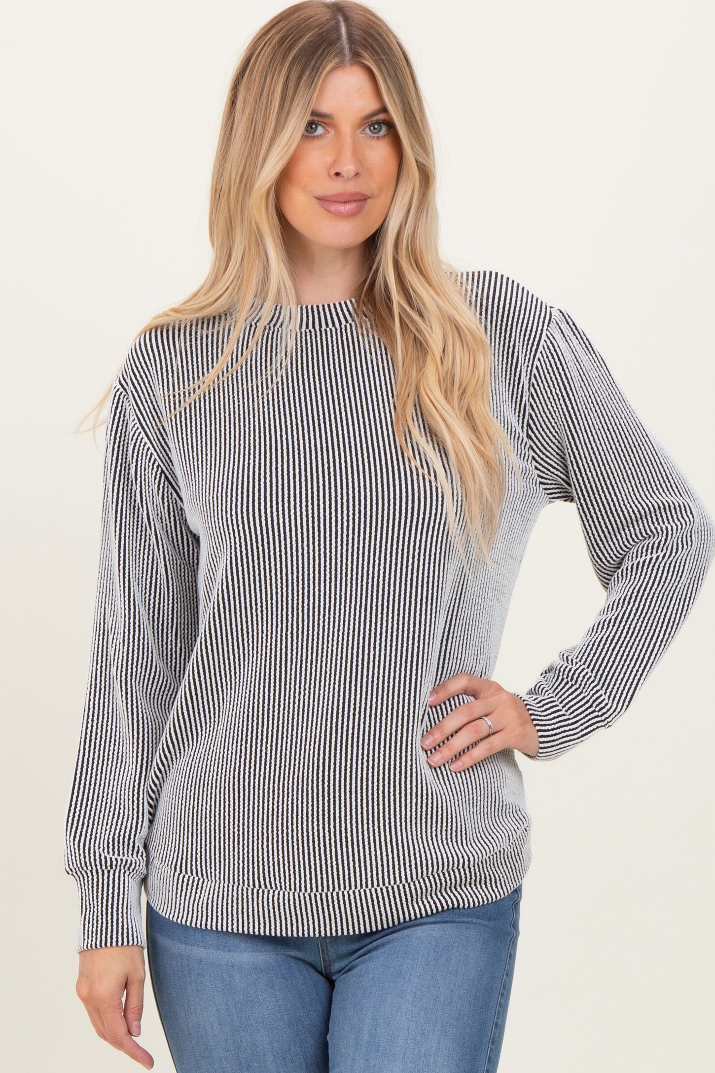 White Textured Rib Crew Neck Maternity Long Sleeve