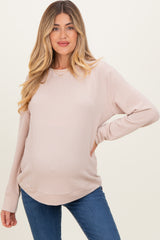 Beige Textured Rib Crew Neck Maternity Long Sleeve