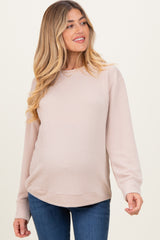Beige Textured Rib Crew Neck Maternity Long Sleeve
