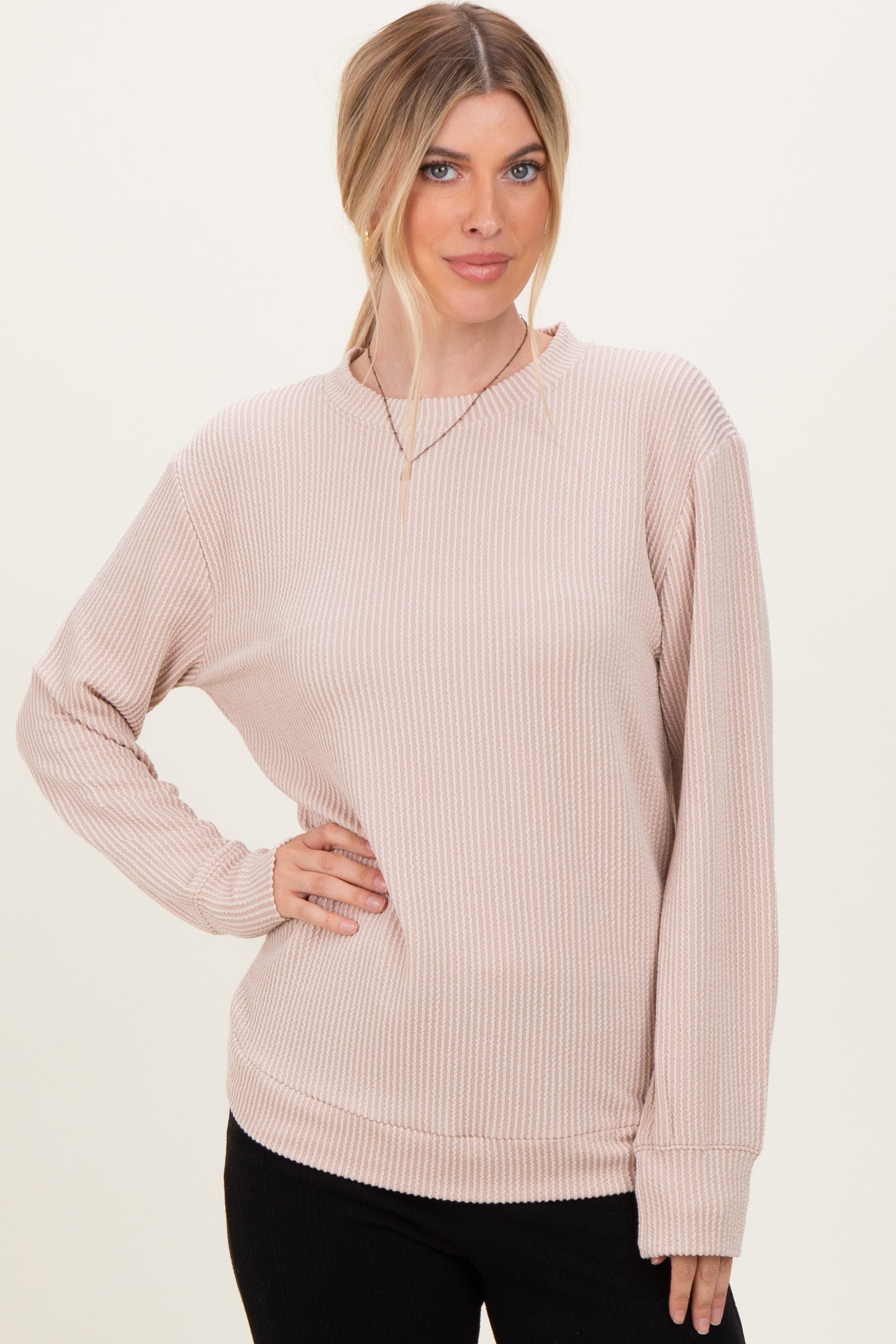 Beige Textured Rib Crew Neck Long Sleeve
