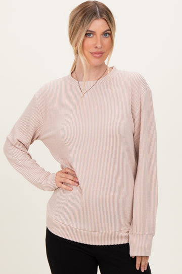 Beige Textured Rib Crew Neck Long Sleeve