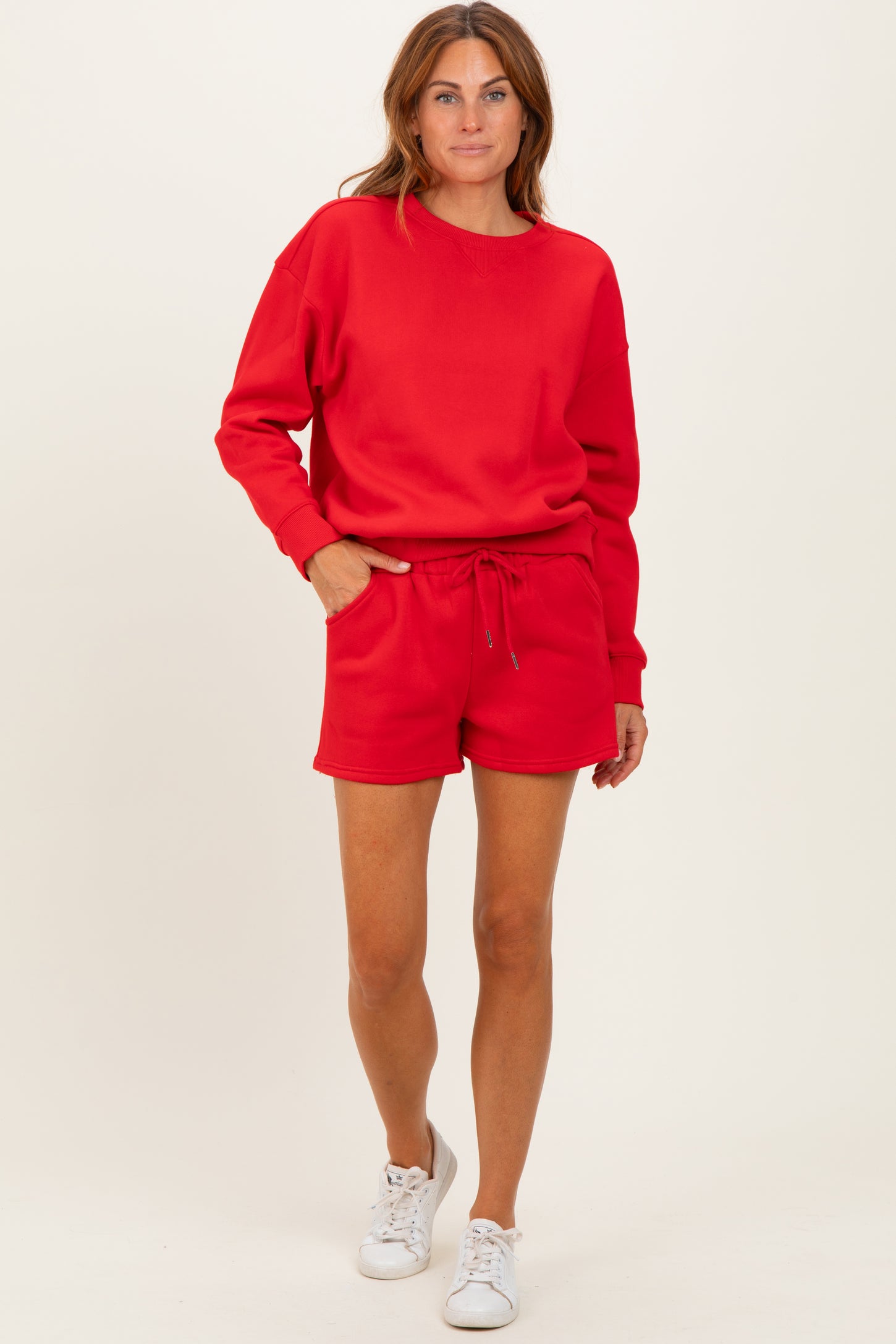 Red Fleece Sweatshirt Shorts Set