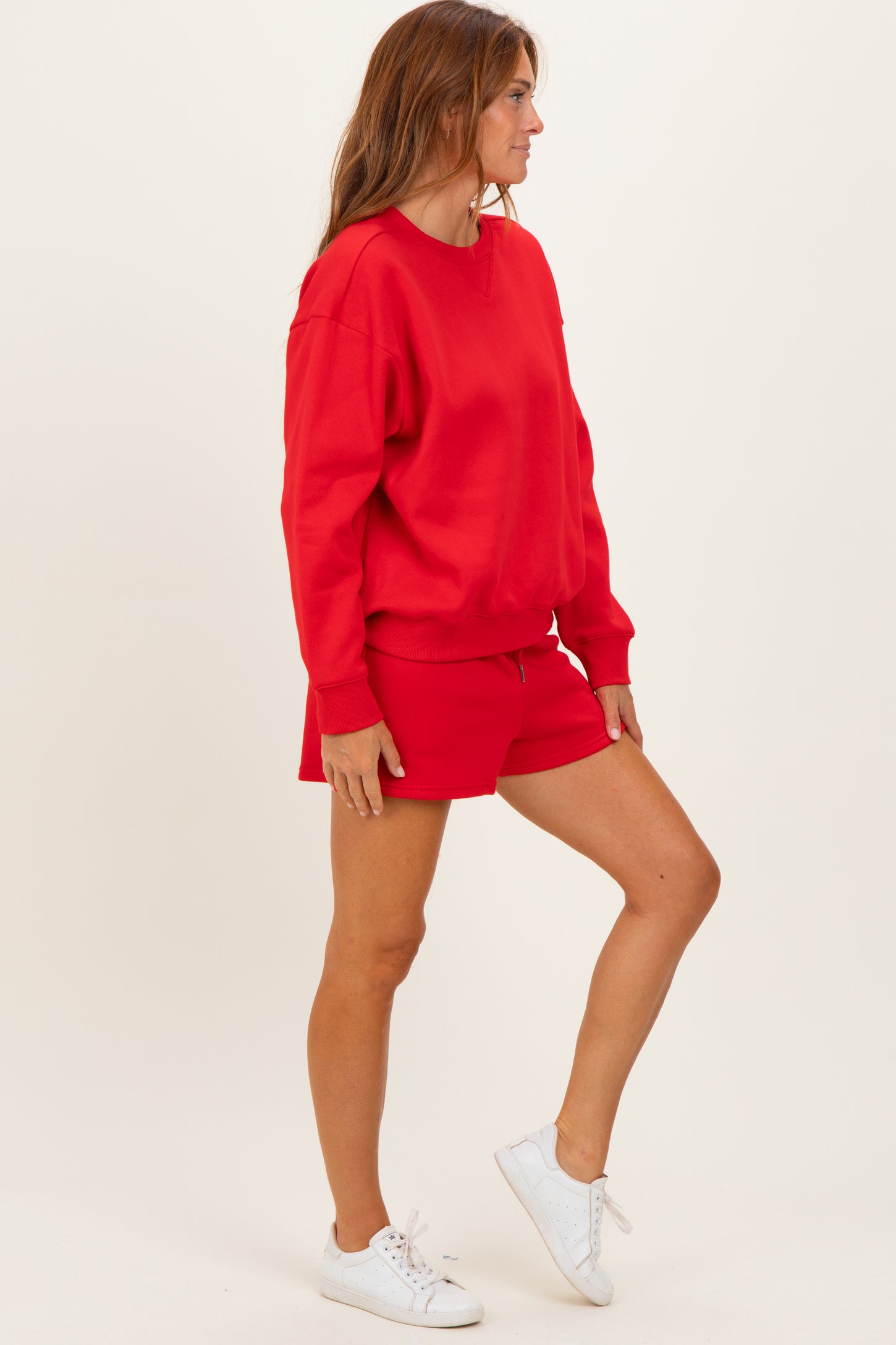 Red Fleece Sweatshirt Shorts Set