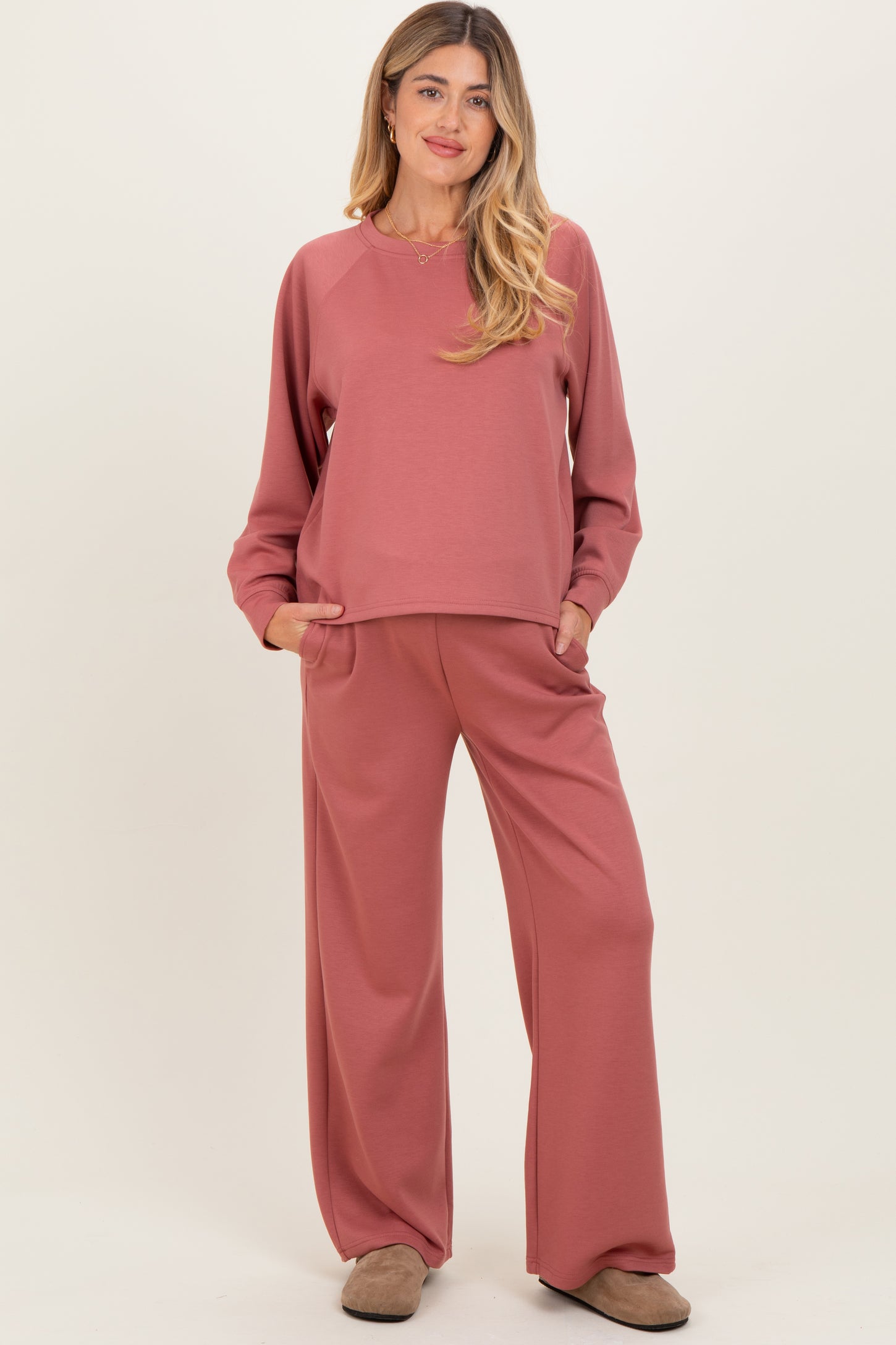 Mauve Crewneck Pullover Pant Maternity Set