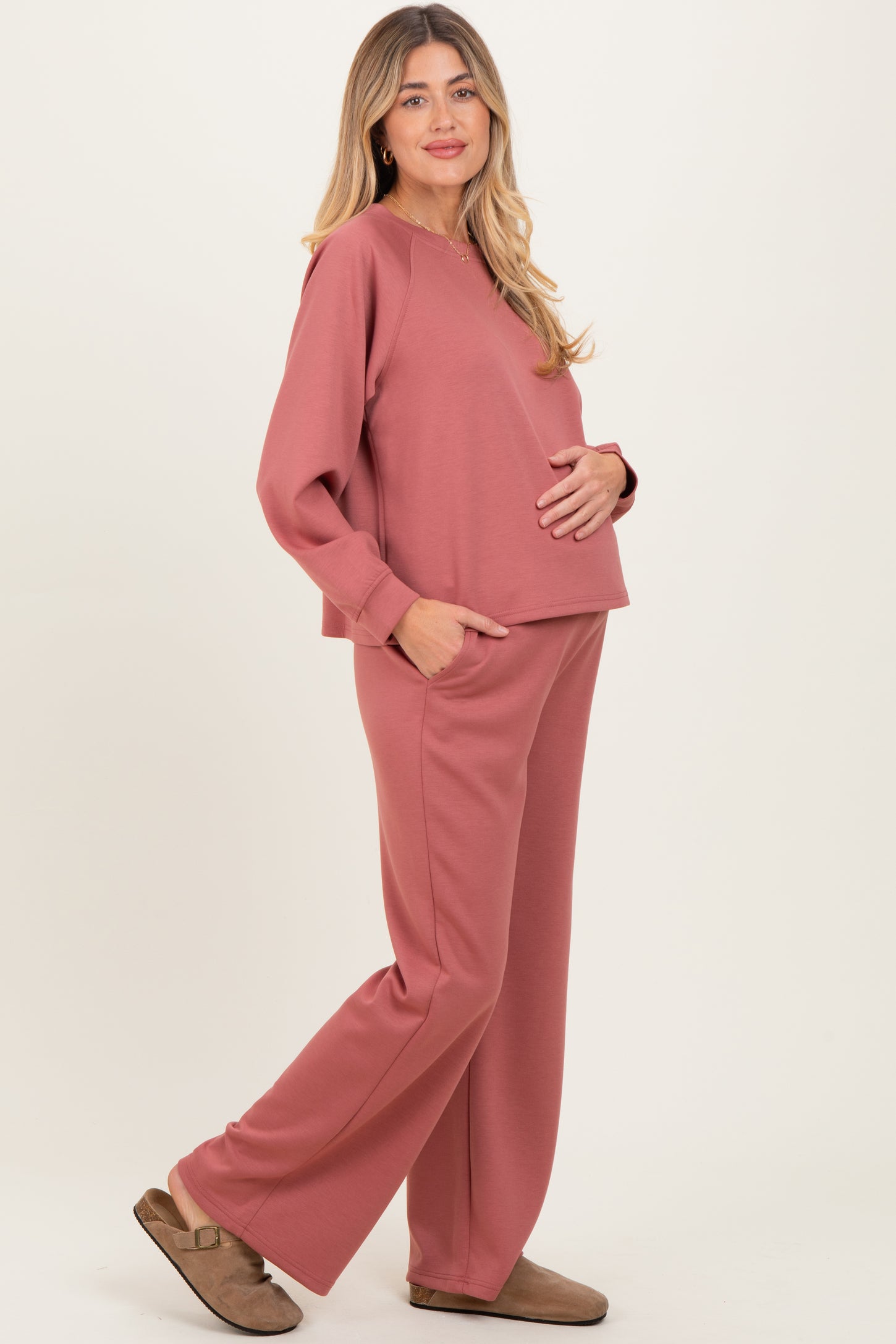 Mauve Crewneck Pullover Pant Maternity Set