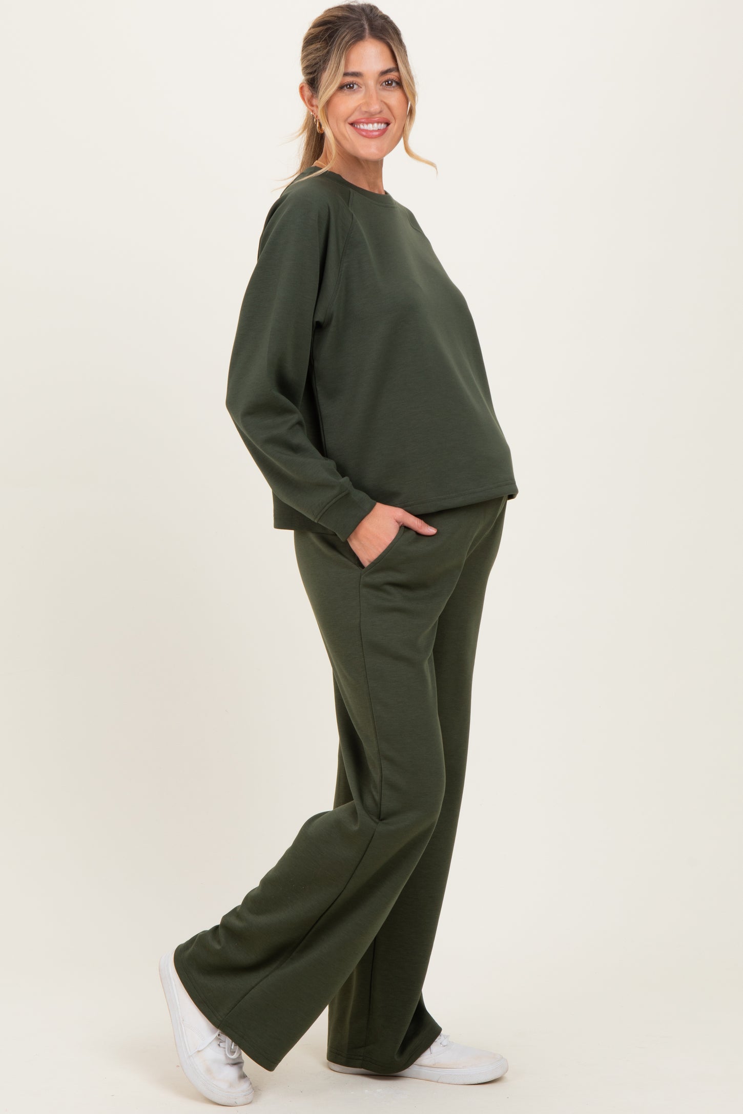 Olive Crewneck Pullover Pant Maternity Set