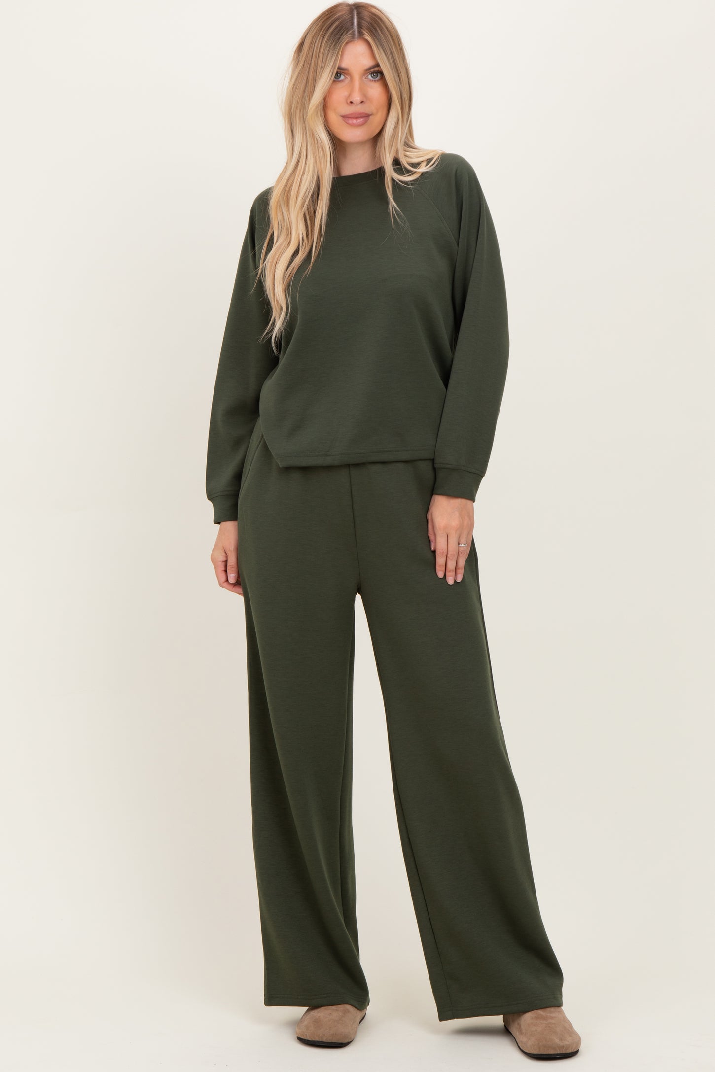 Olive Crewneck Pullover Pant Maternity Set