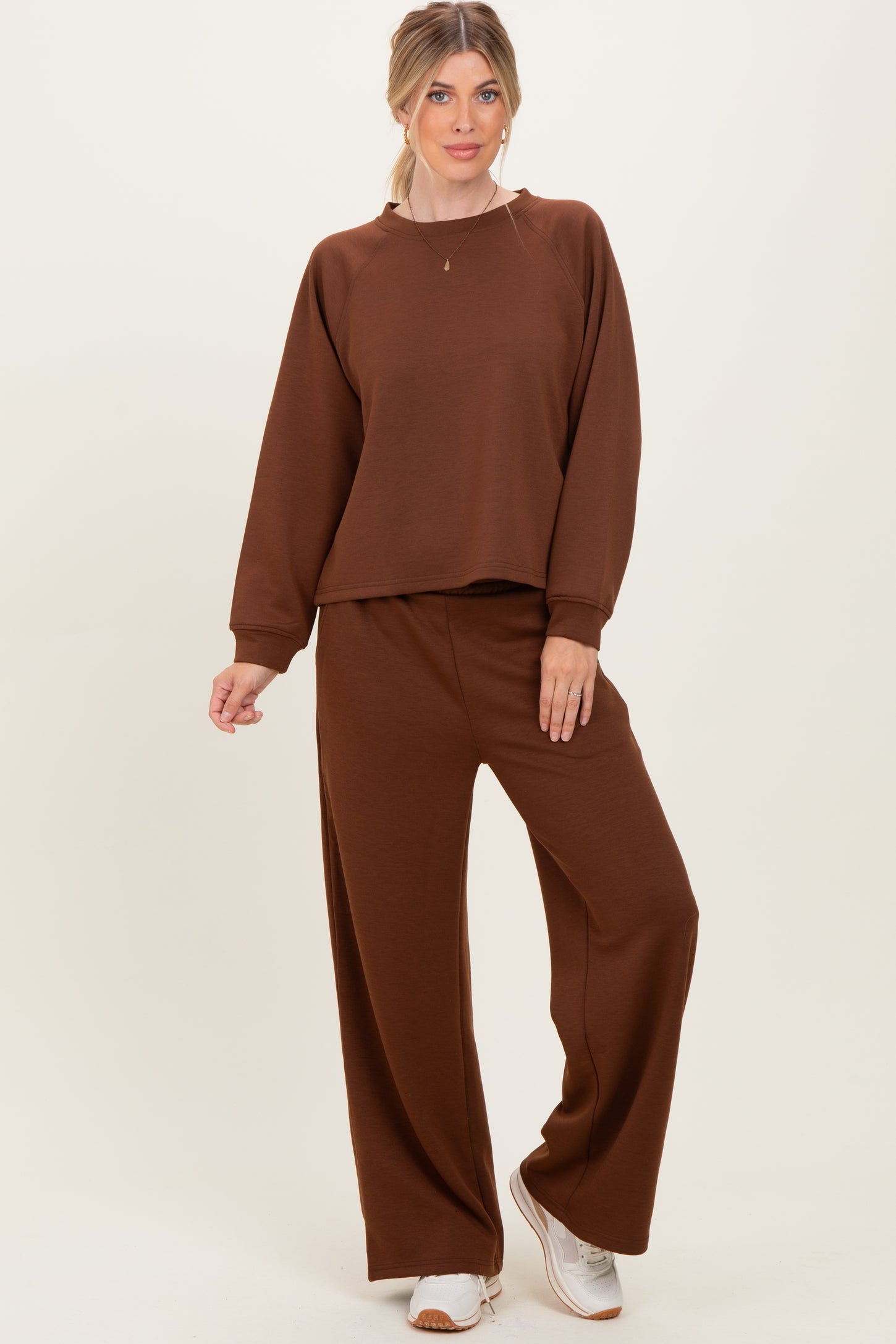 Brown Crewneck Pullover Pant Maternity Set