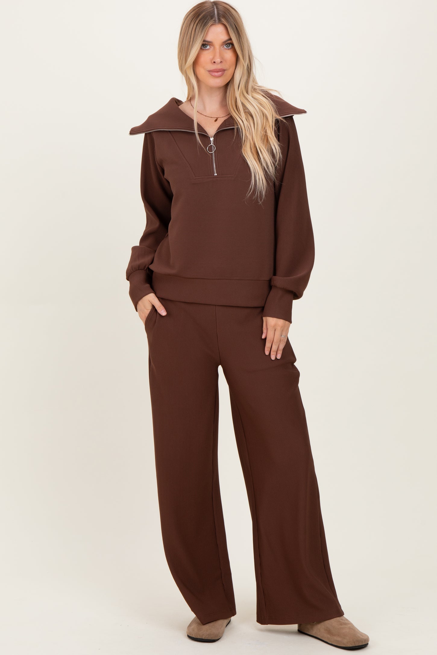 Brown Ribbed Half Zip Pullover Wide Leg Pant Maternity Set