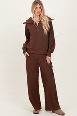 Brown Ribbed Half Zip Pullover Wide Leg Pant Set