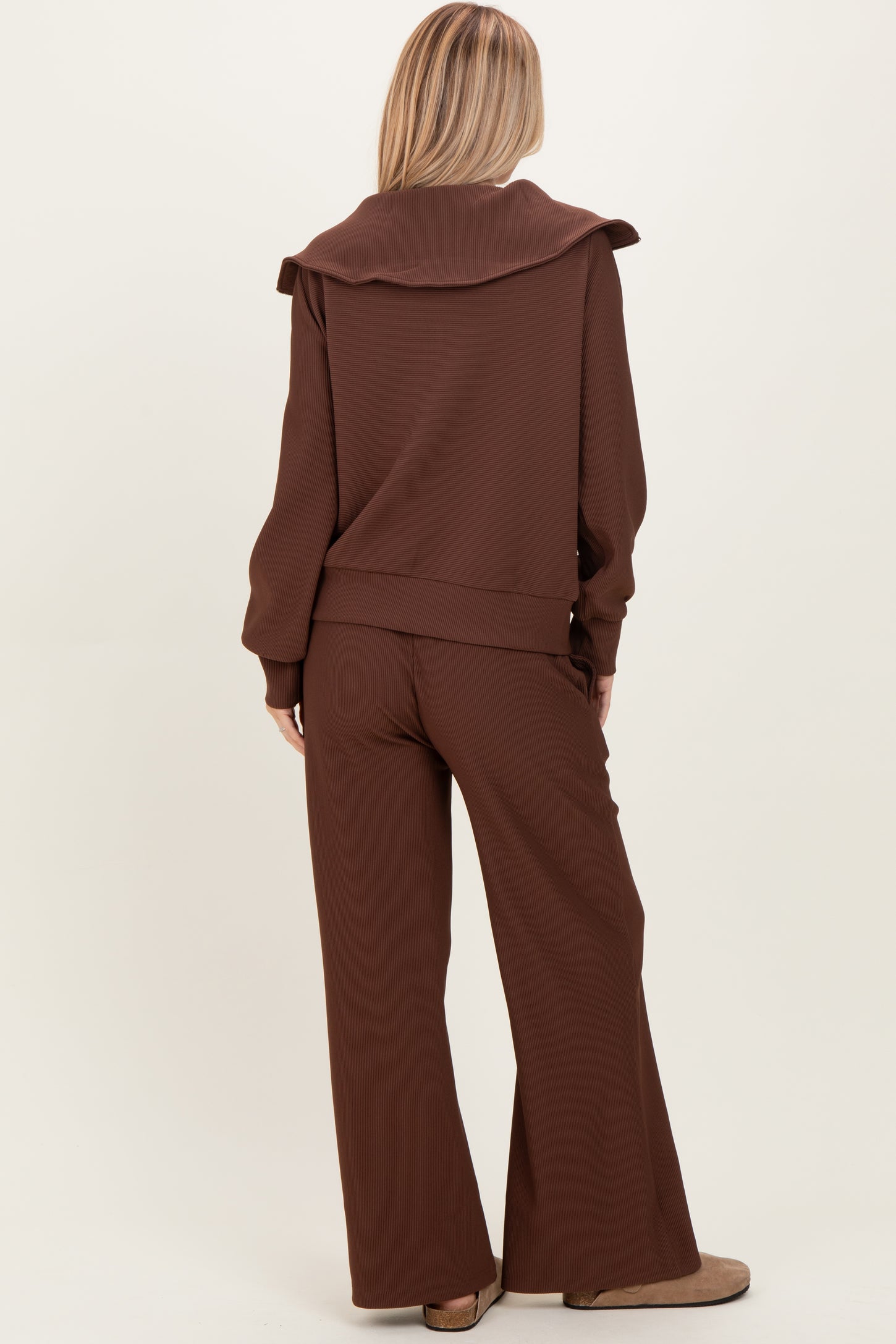 Brown Ribbed Half Zip Pullover Wide Leg Pant Set