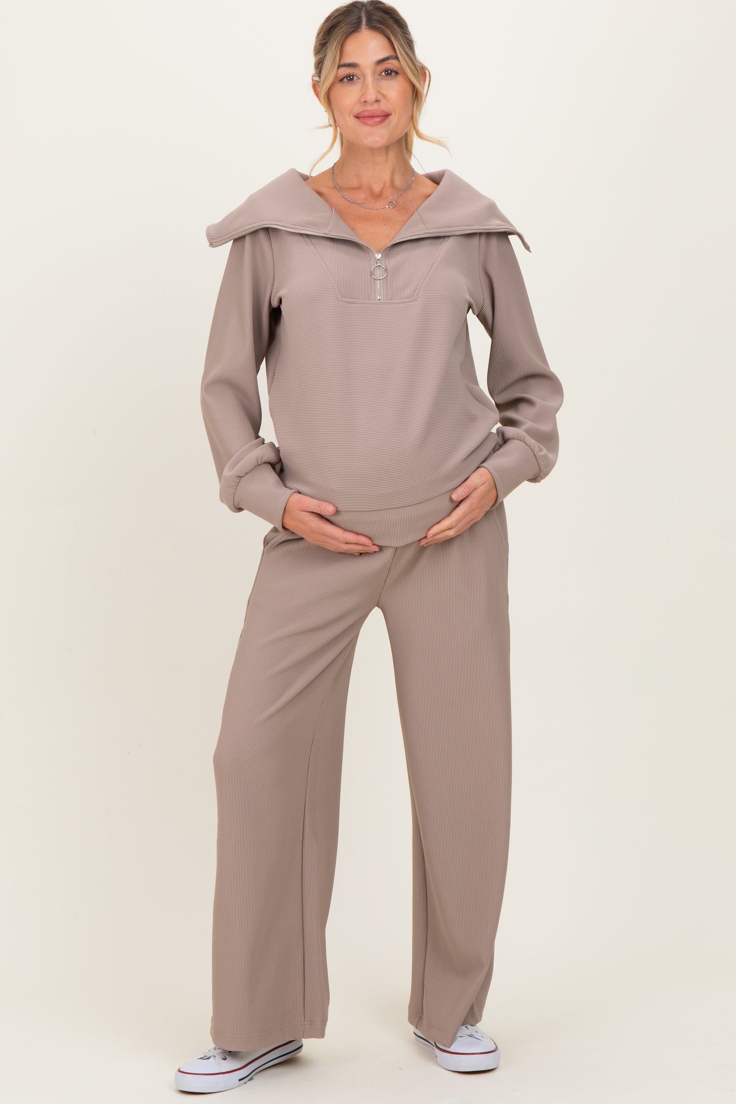 Mocha Ribbed Half Zip Pullover Wide Leg Pant Maternity Set