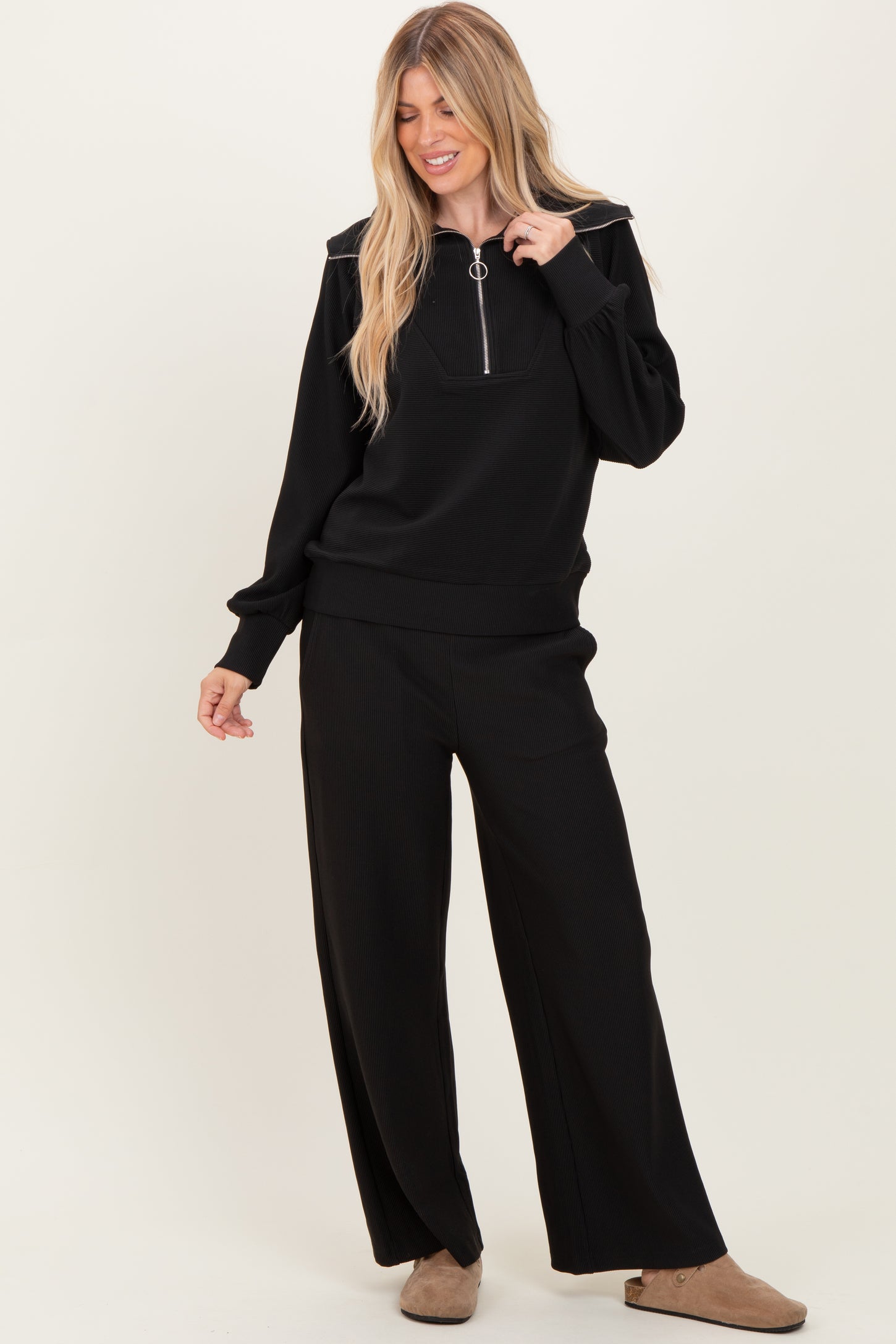 Black Ribbed Half Zip Pullover Wide Leg Pant Set