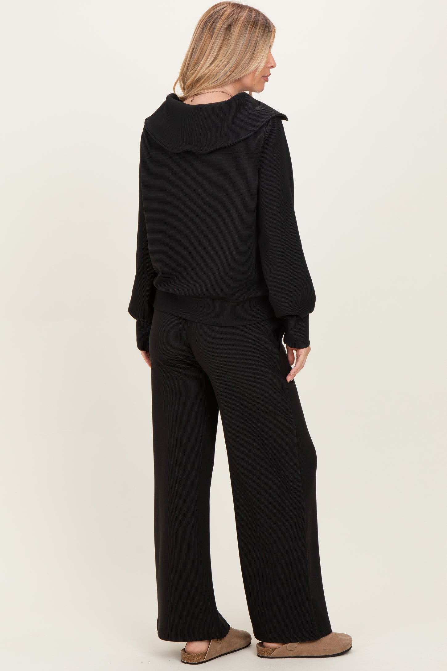 Black Ribbed Half Zip Pullover Wide Leg Pant Set