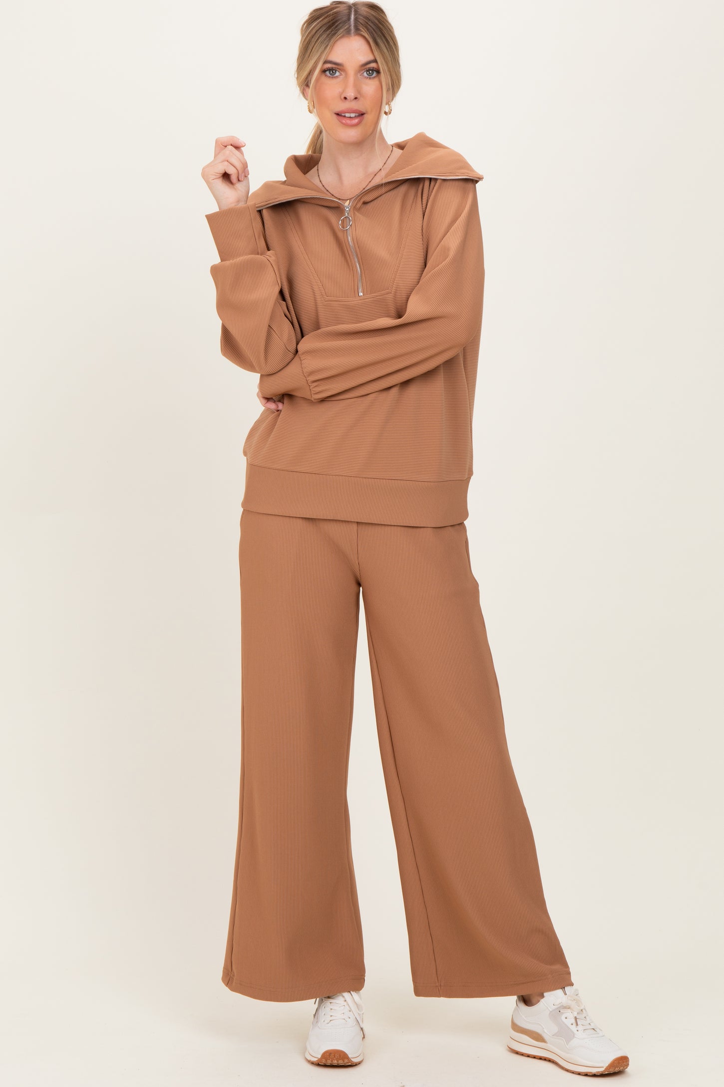 Camel Ribbed Half Zip Pullover Wide Leg Pant Set