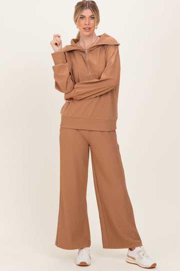 Camel Ribbed Half Zip Pullover Wide Leg Pant Set