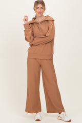 Camel Ribbed Half Zip Pullover Wide Leg Pant Set