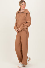 Camel Ribbed Half Zip Pullover Wide Leg Pant Set