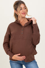 Brown Fleece Snap Button Maternity Hoodie