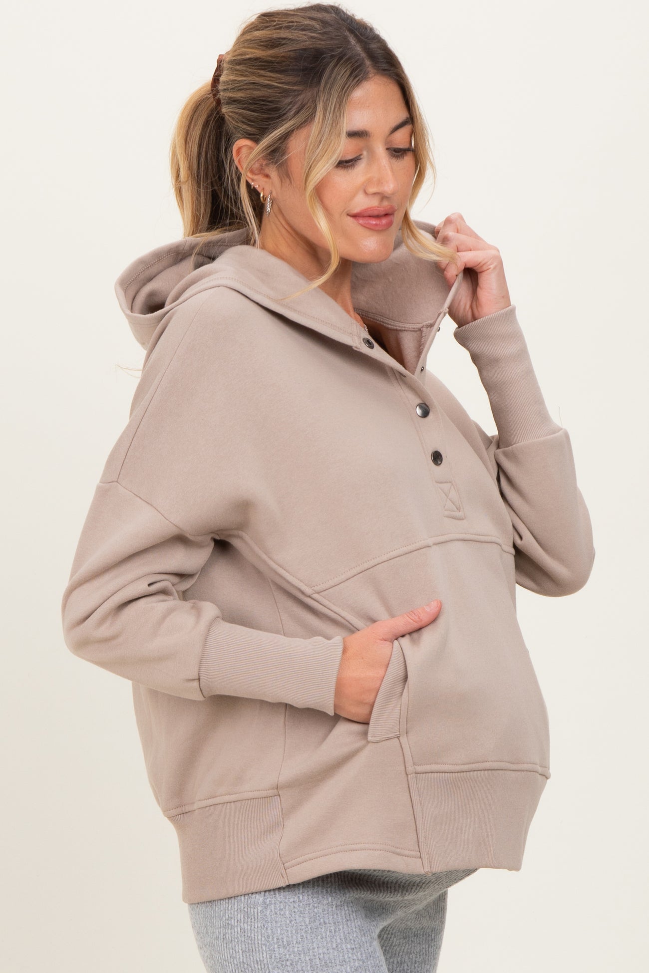 Beige Fleece Snap Button Maternity Hoodie