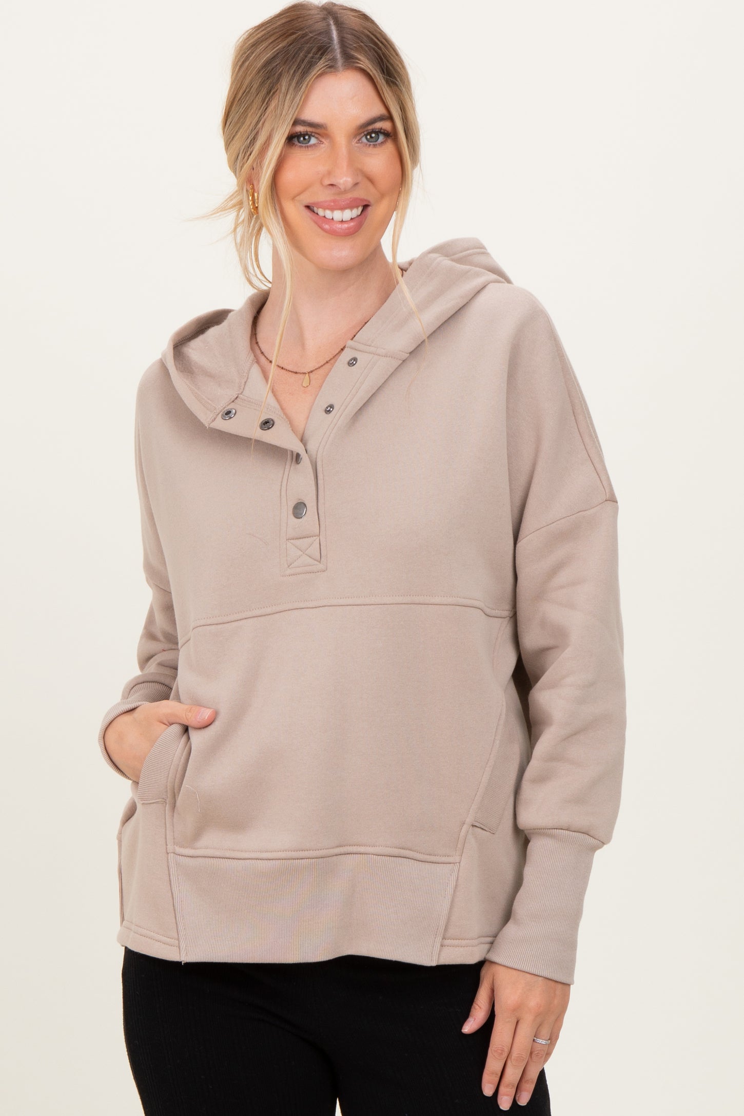 Beige Fleece Snap Button Maternity Hoodie