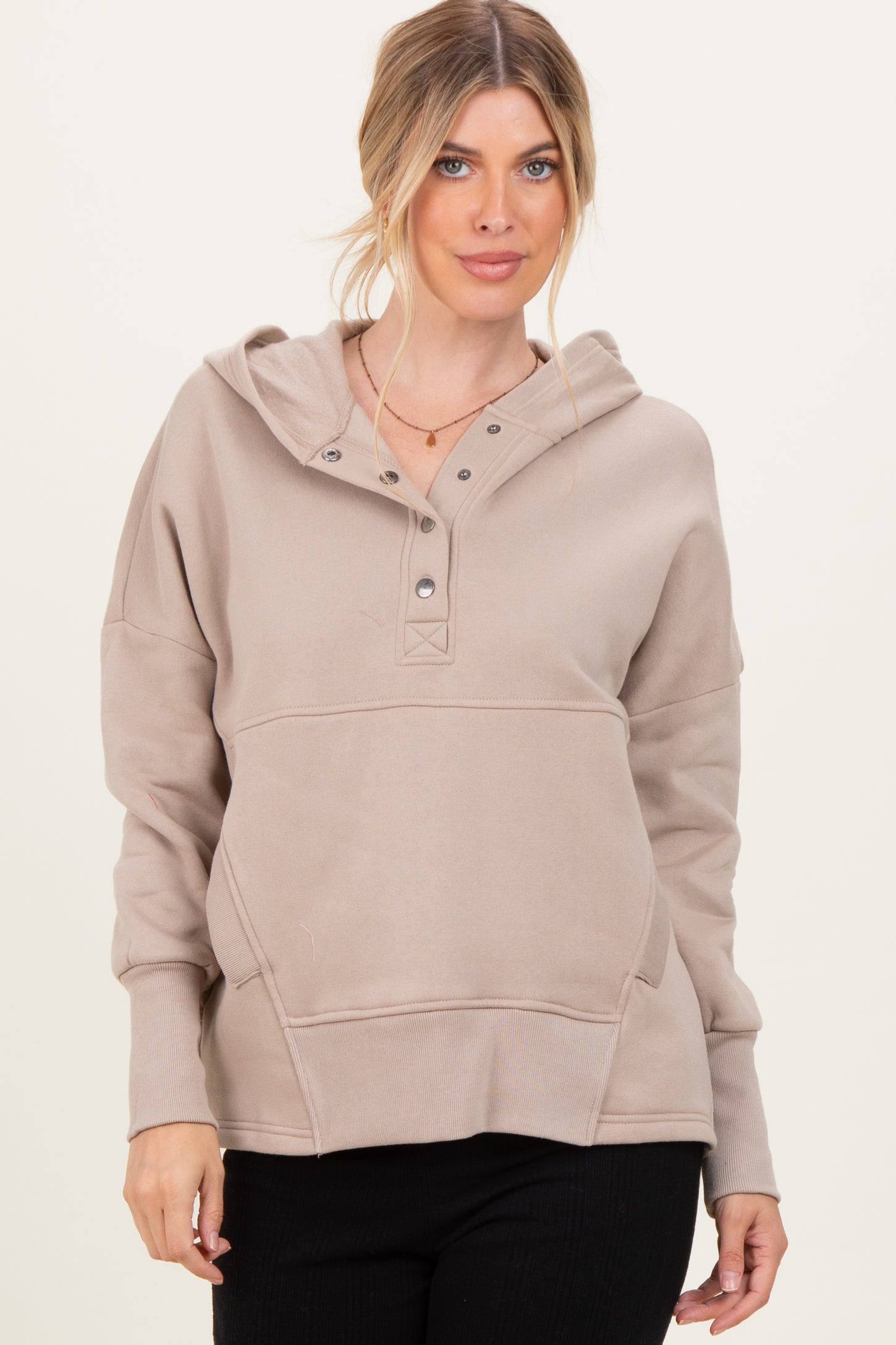 Beige Fleece Snap Button Hoodie