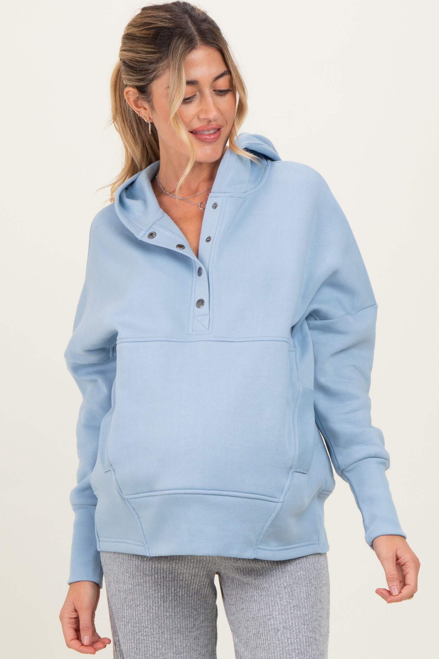 Light Blue Fleece Snap Button Maternity Hoodie