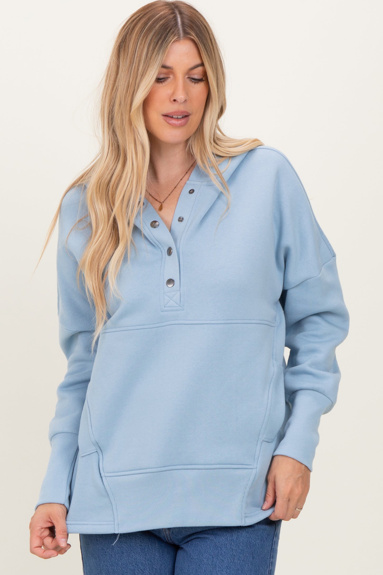 Light Blue Fleece Snap Button Maternity Hoodie