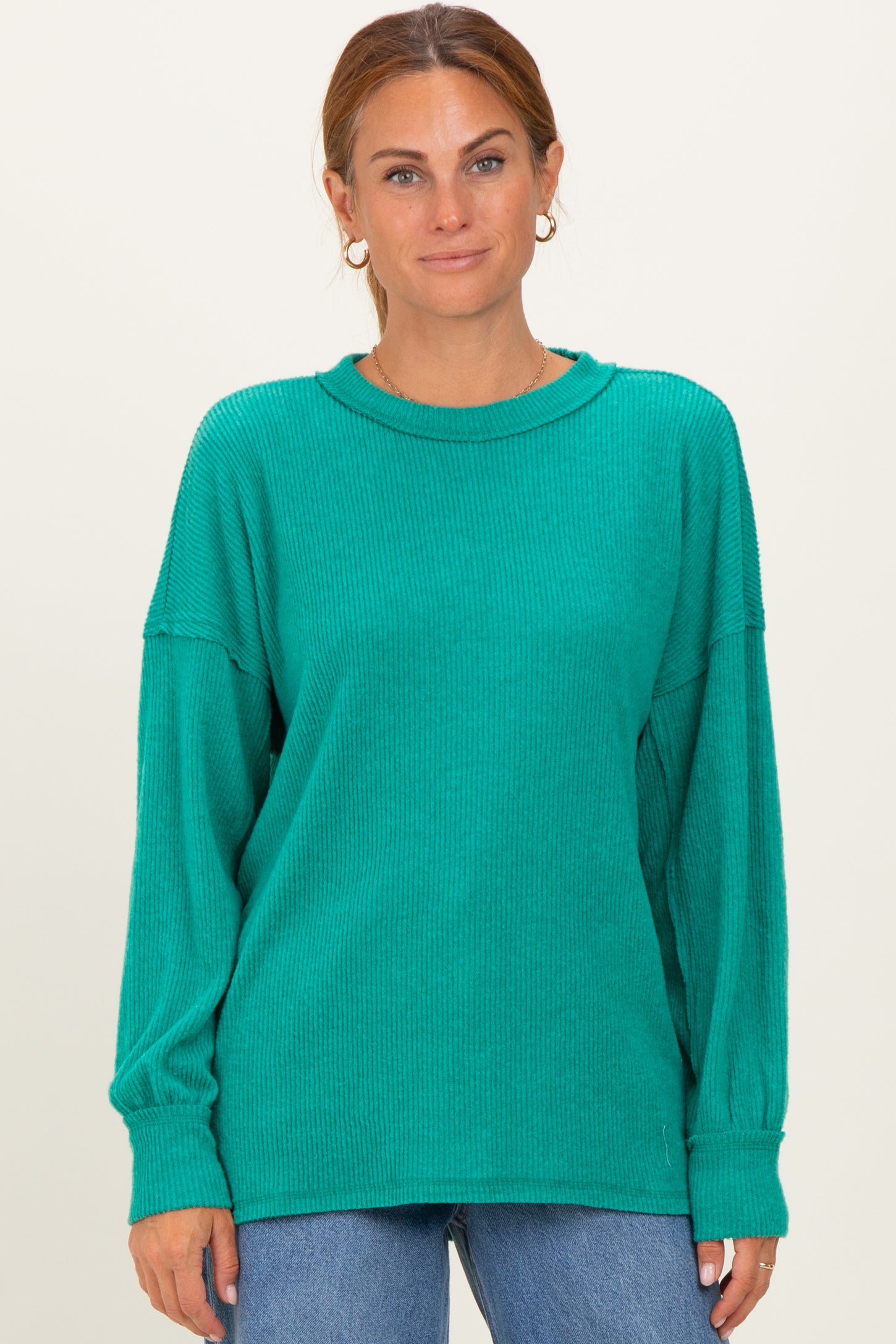 Green Brushed Ribbed Knit Pullover