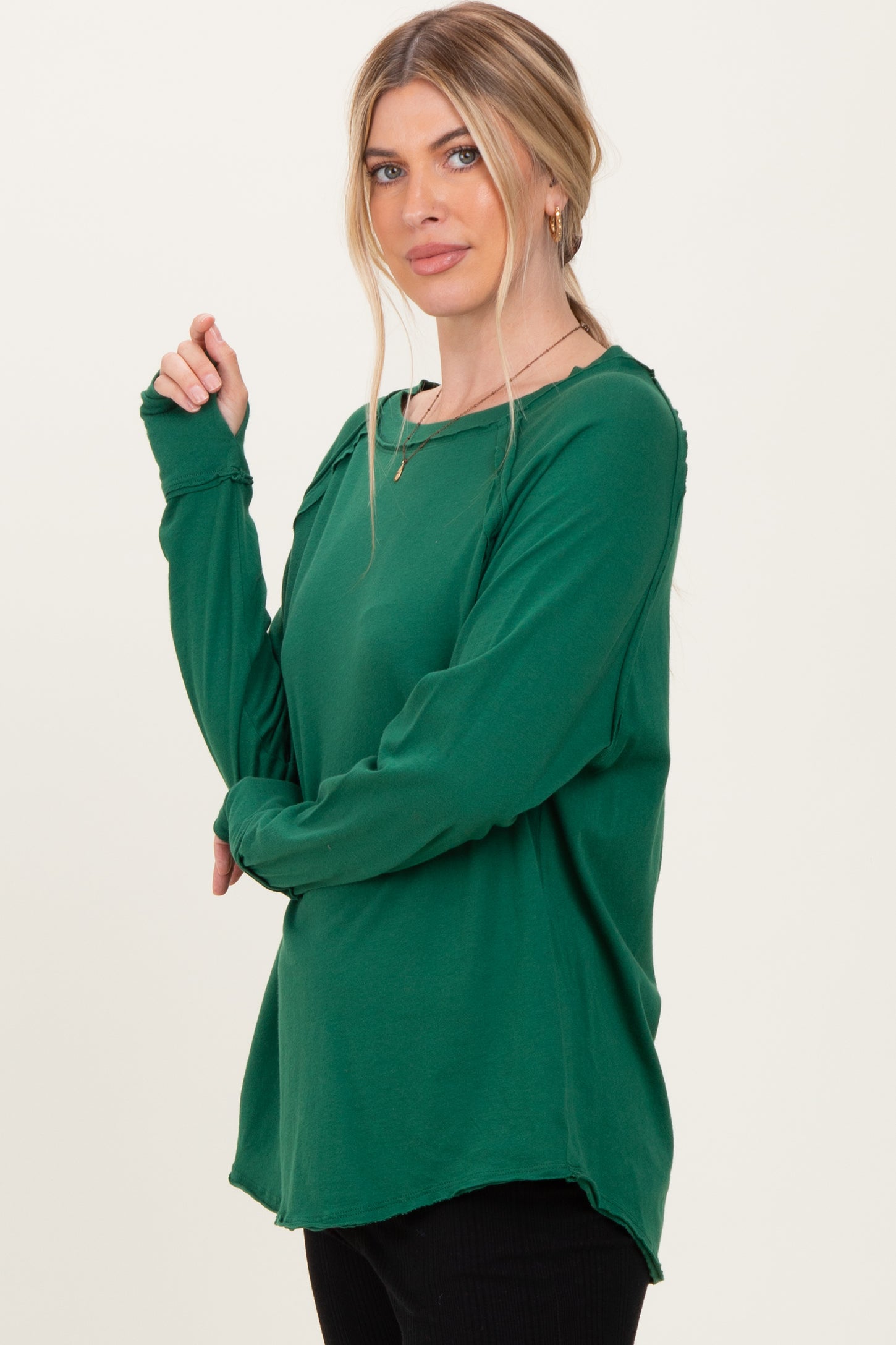 Forest Green Exposed Seam Long Sleeve Top