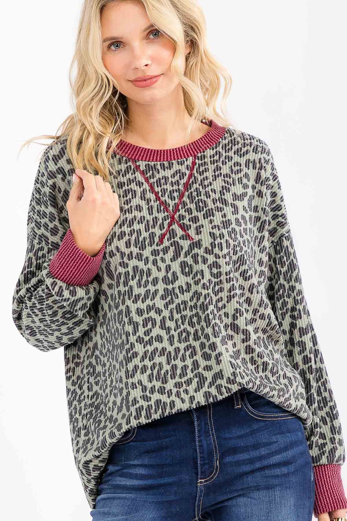 Sage Ribbed Animal Print Contrast Trim Pullover