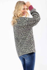 Sage Ribbed Animal Print Contrast Trim Pullover