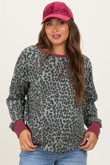 Sage Ribbed Animal Print Contrast Trim Maternity Pullover