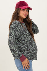 Sage Ribbed Animal Print Contrast Trim Maternity Pullover