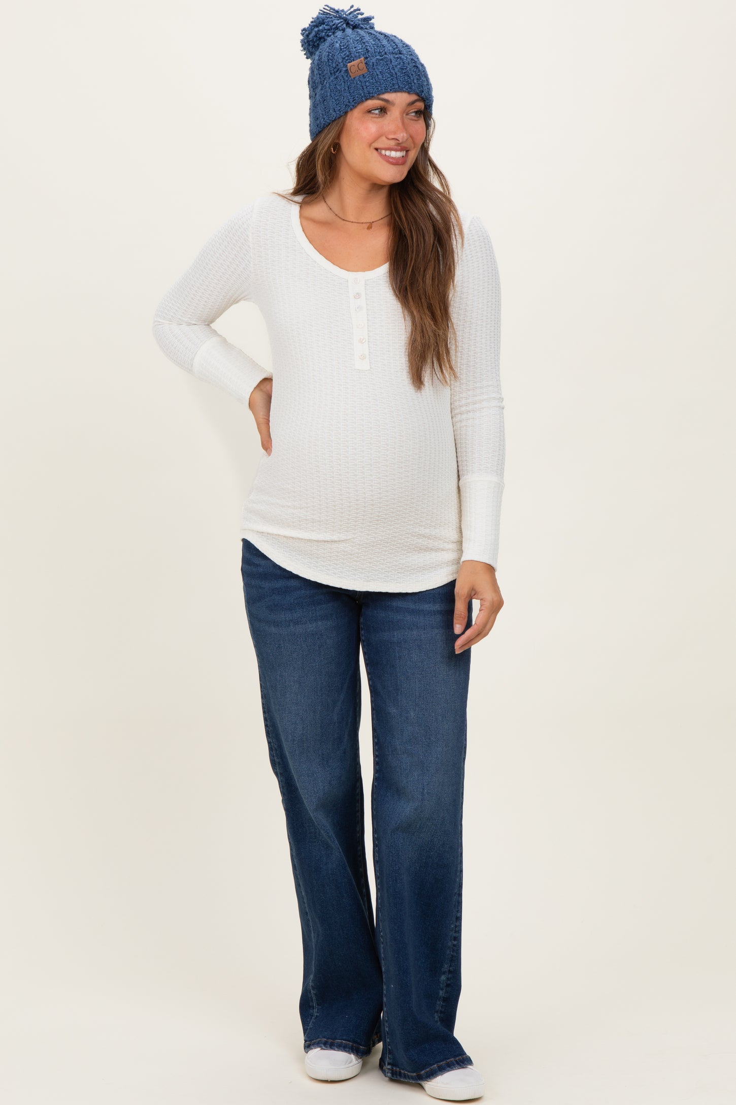 Cream Waffle Rib Knit Maternity Henley Top