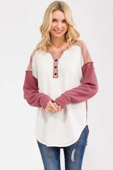 Burgundy Waffle Knit Colorblock Top
