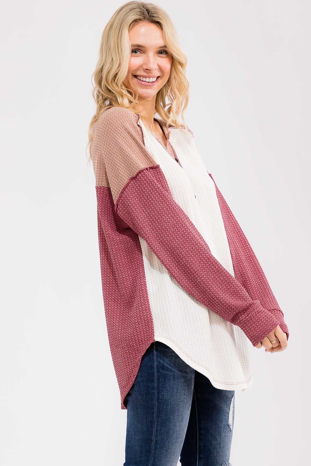 Burgundy Waffle Knit Colorblock Top