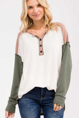 Olive Waffle Knit Colorblock Top