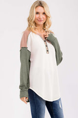 Olive Waffle Knit Colorblock Top